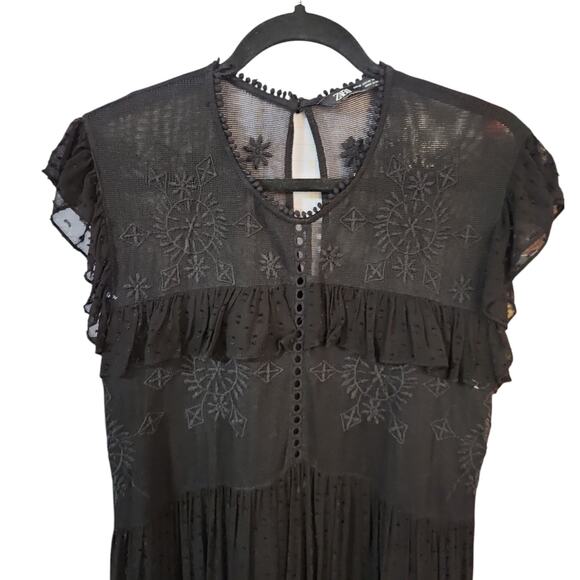 Zara Black Polk a Dot Embroidered Ruffle Maxi Dress Size Medium - Picture 7 of 11